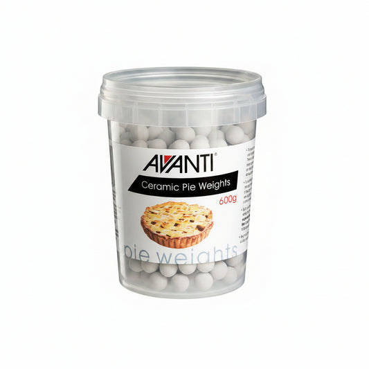 Clear container of Avanti ceramic pie weights with a white background