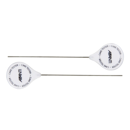 Cake tester with two slim metal rods and white circular Avani ends