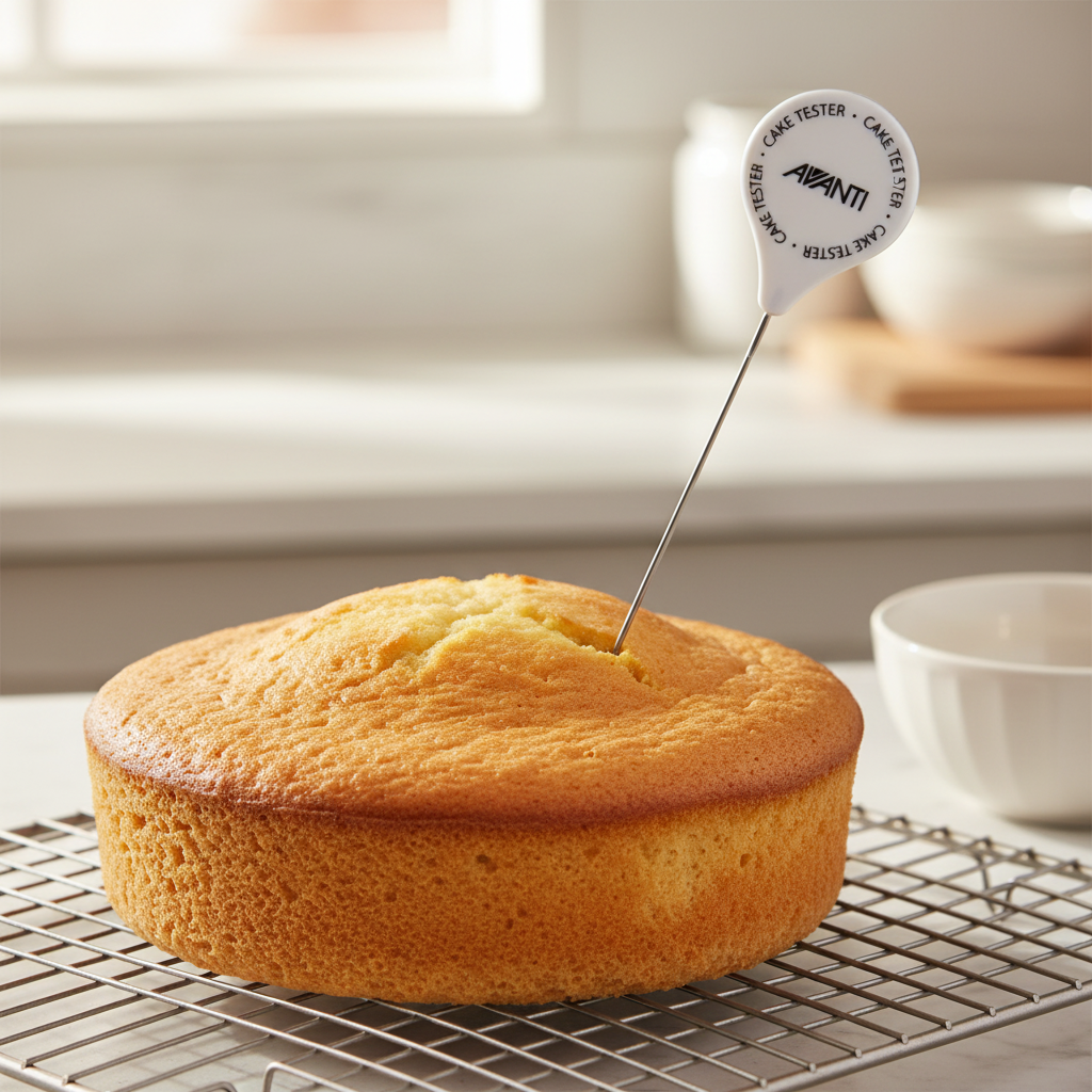 Cake tester with slender metal probe inserted into round sponge cake
