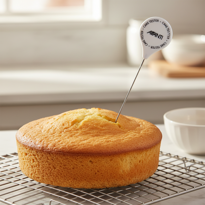 Cake tester with slender metal probe inserted into round sponge cake