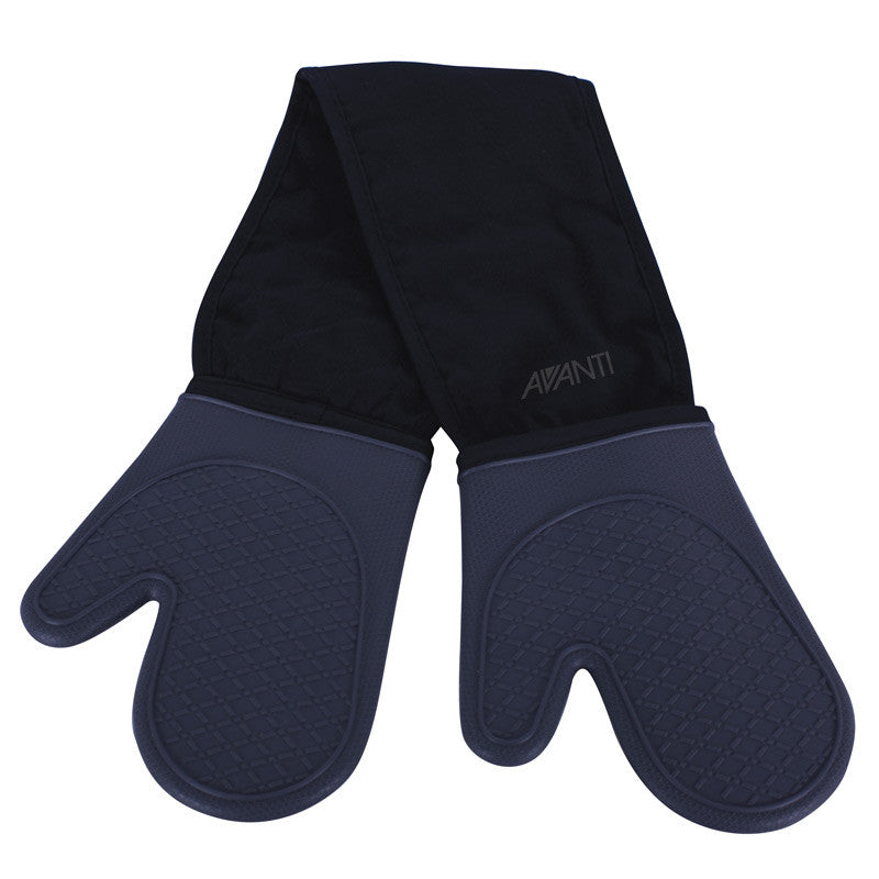 Double silicone oven mitts, dark blue textured palms, black fabric back