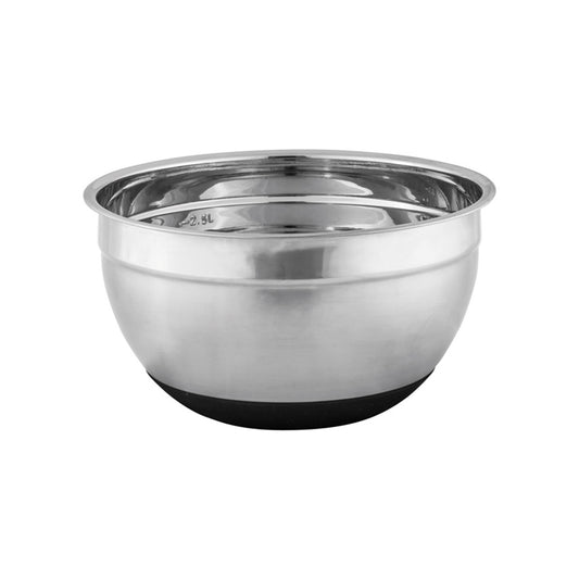 Stainless steel mixing bowl on a white background