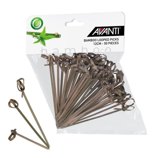 Bamboo looped picks, 12cm—plastic bag with brown looped heads and loose picks