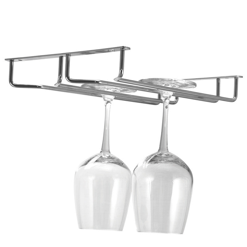 Glass stemware rack with two clear wine glasses on horizontal metal frame