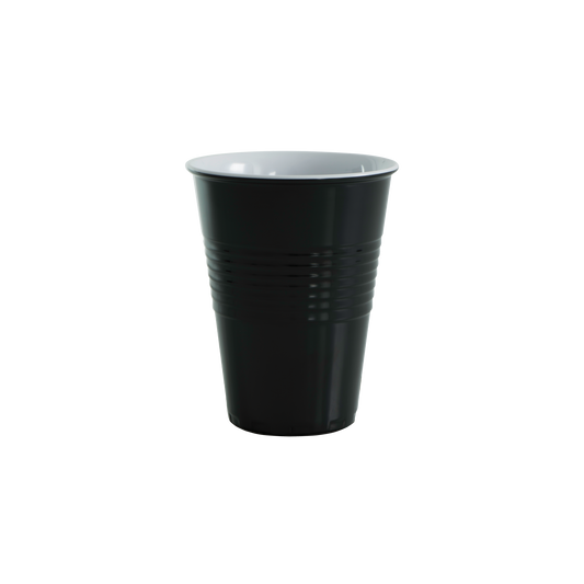 Two-tone melamine cup in black with white rim and ridged sides