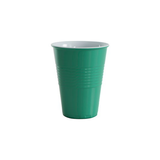 Two-tone melamine cup in dark green with white rim and ridged sides