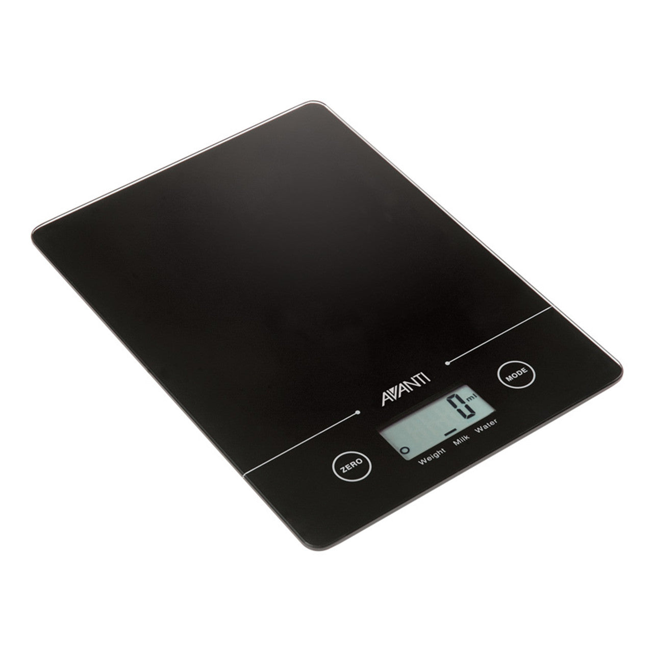 Black digital kitchen scale with LCD display and touch buttons