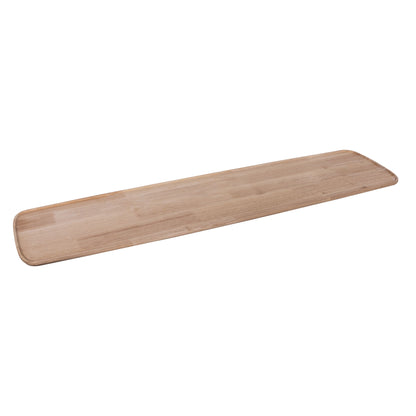 Rectangular wooden serving platter with curved rim and visible wood grain