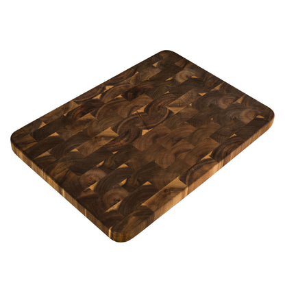 End grain cutting board, dark brown wood with checker end-grain pattern
