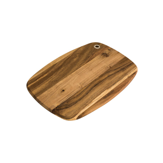 Rounded wooden cutting board with hanging hole, light-brown stripes and knots