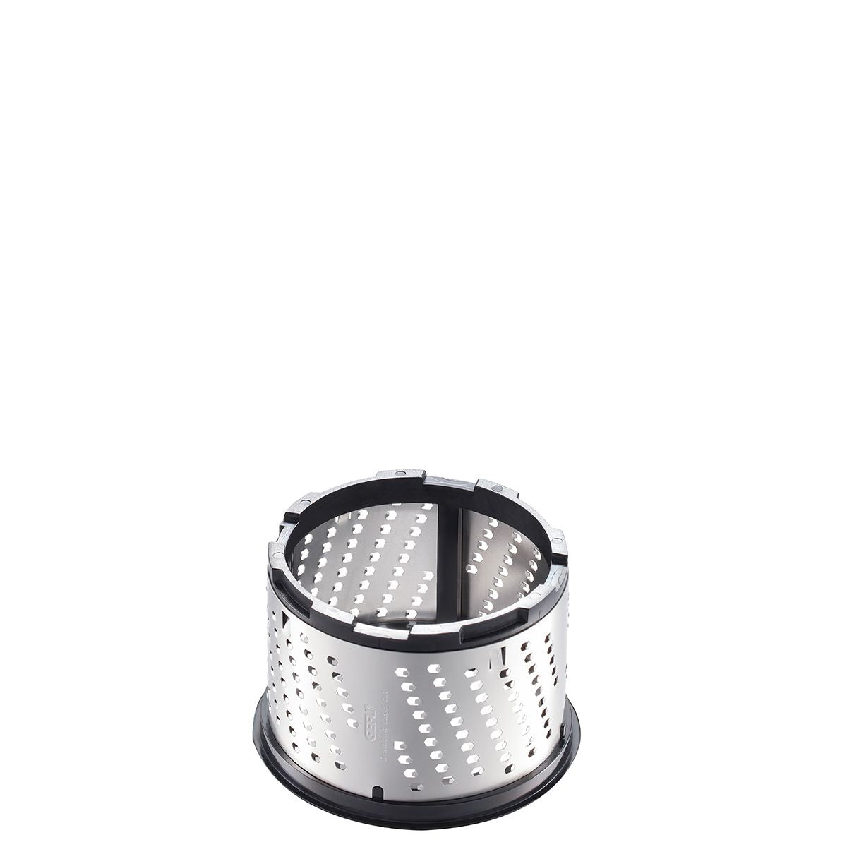 Rotary grater drum with perforated stainless-steel surface and black ring base