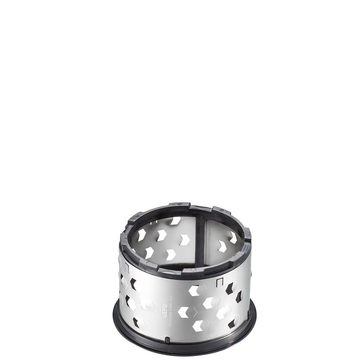 Rotary grater drum with star-cut perforations and black outer rim