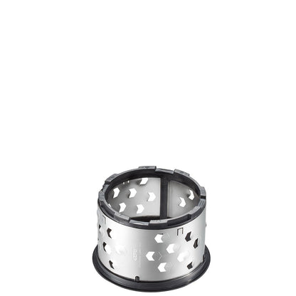 Rotary grater drum with star-cut perforations and black outer rim
