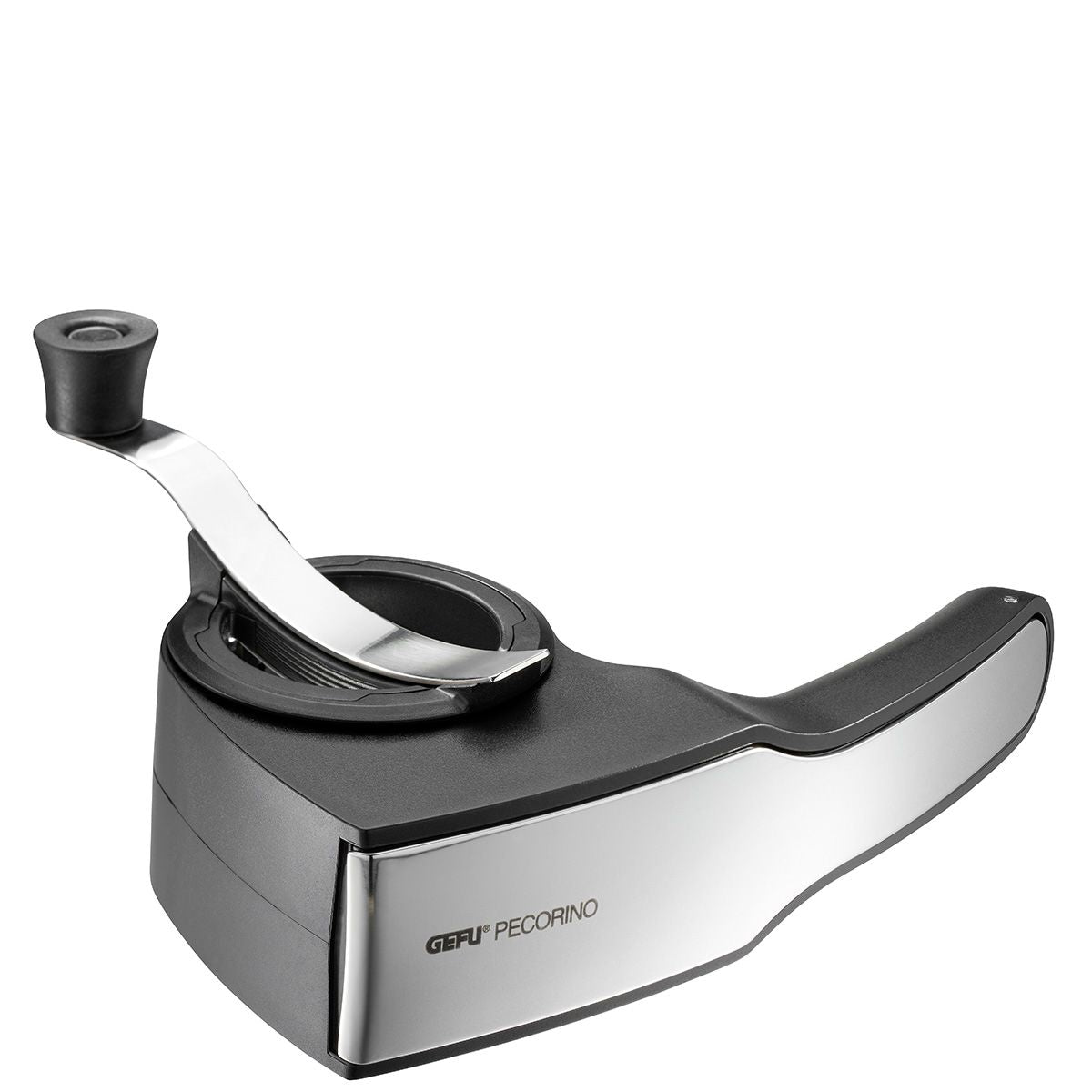 Rotary cheese grater with dark handle, white body, and steel base