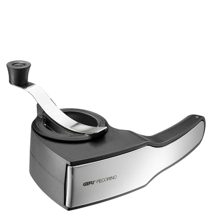 Rotary cheese grater with dark handle, white body, and steel base