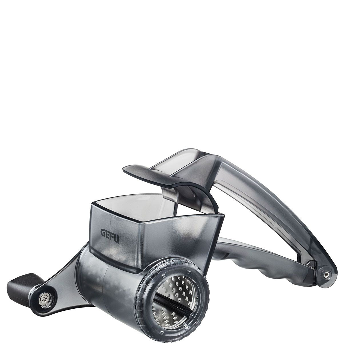 RULLARE rotary grater angled view with front drum and shredding holes
