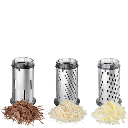 RULLARE rotary grater drum attachments showing coarse, medium, and fine shreds