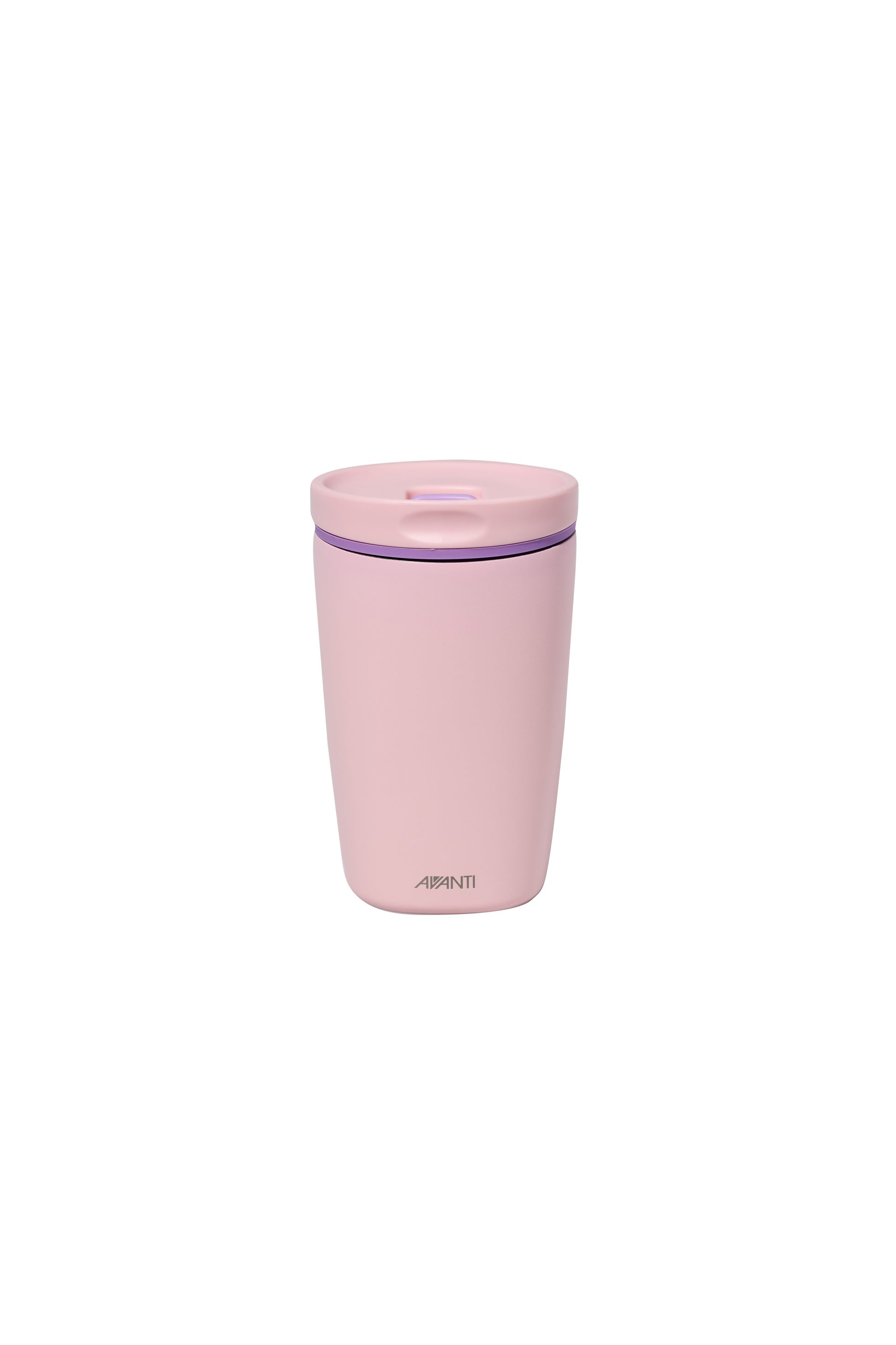 Blush pink insulated travel cup with matching lid and darker rim