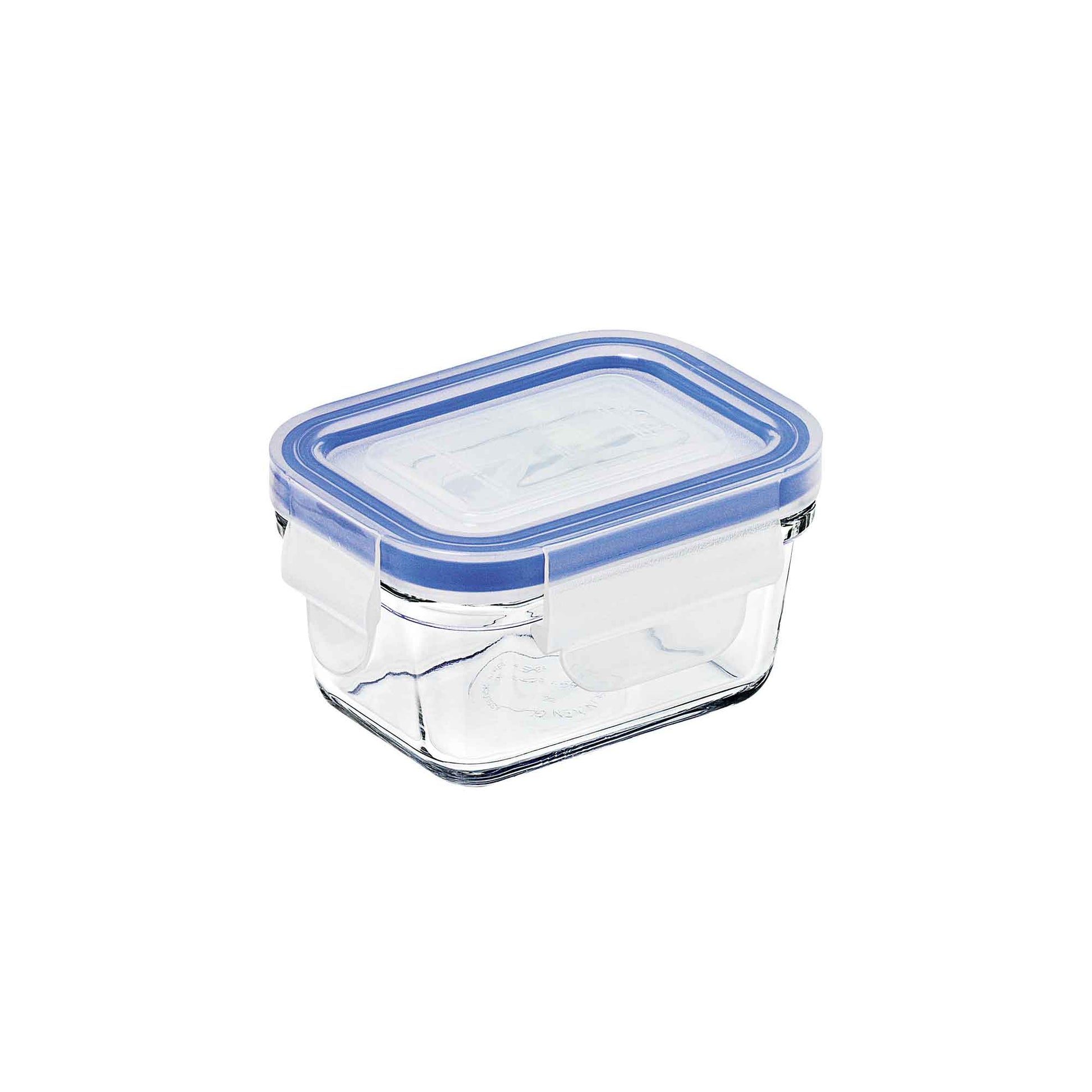Rectangular tempered glass container with clear base and blue snap lid