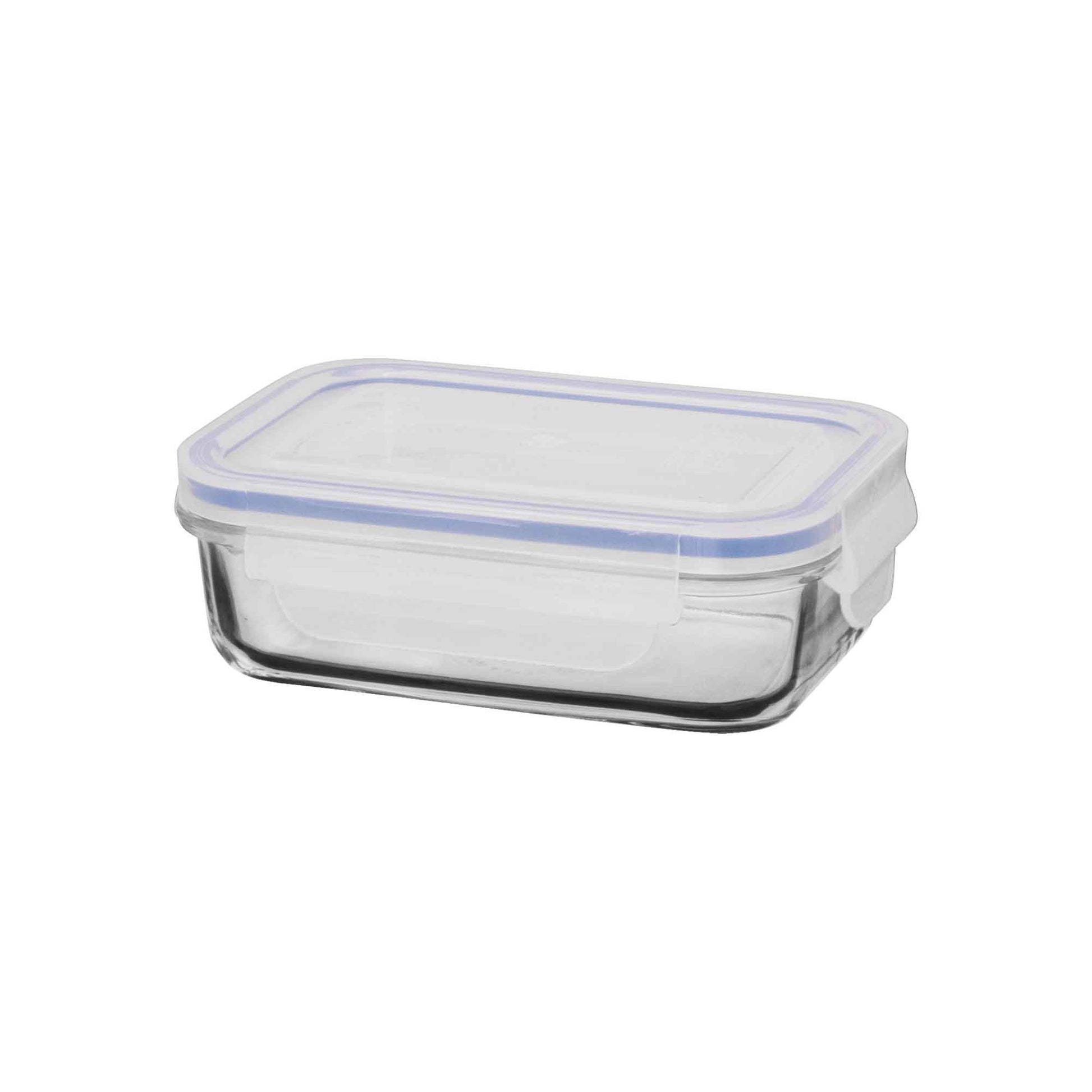 Rectangular tempered glass container with clear sides and blue snap lid, front view