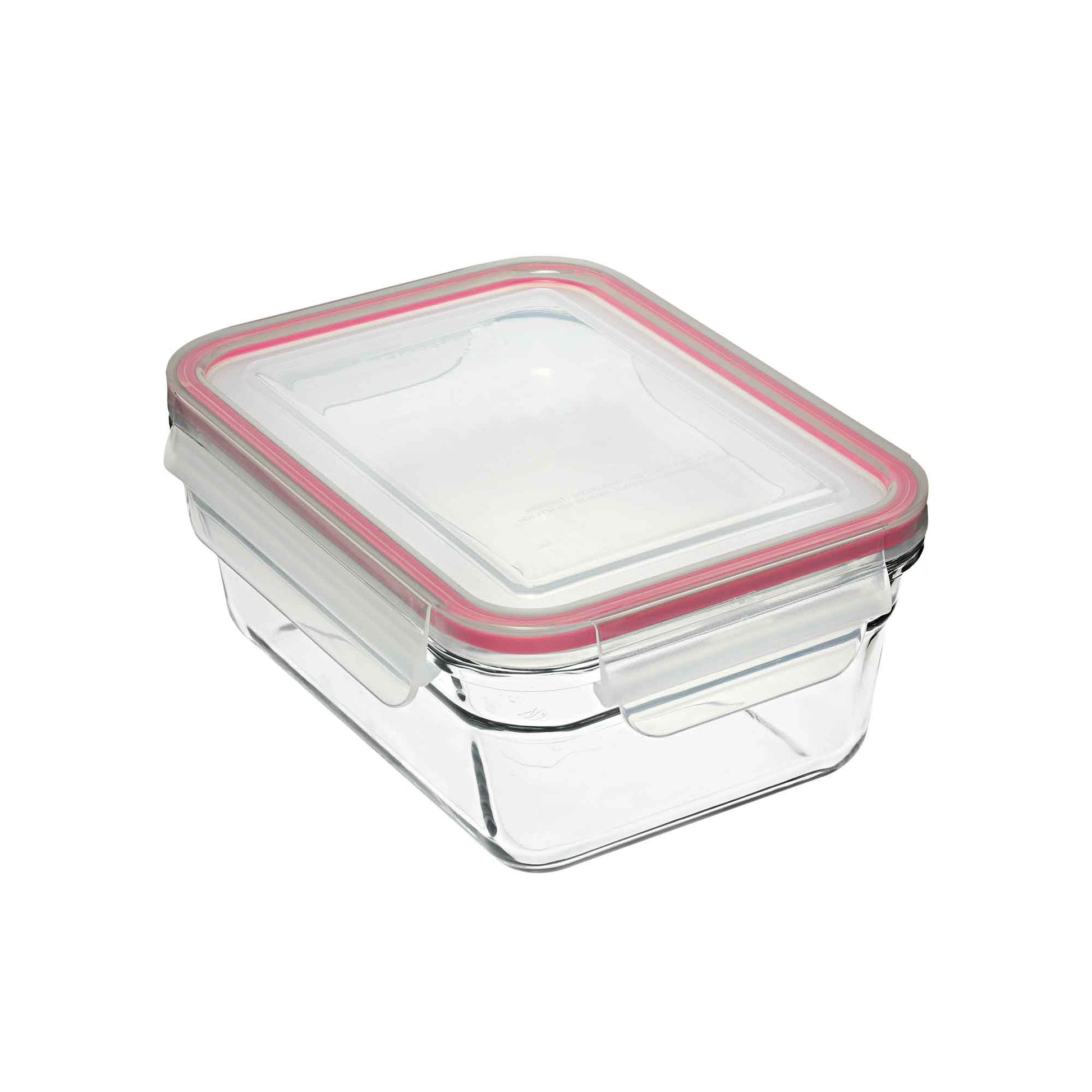Rectangular oven-safe glass container with clear lid and pink silicone edging