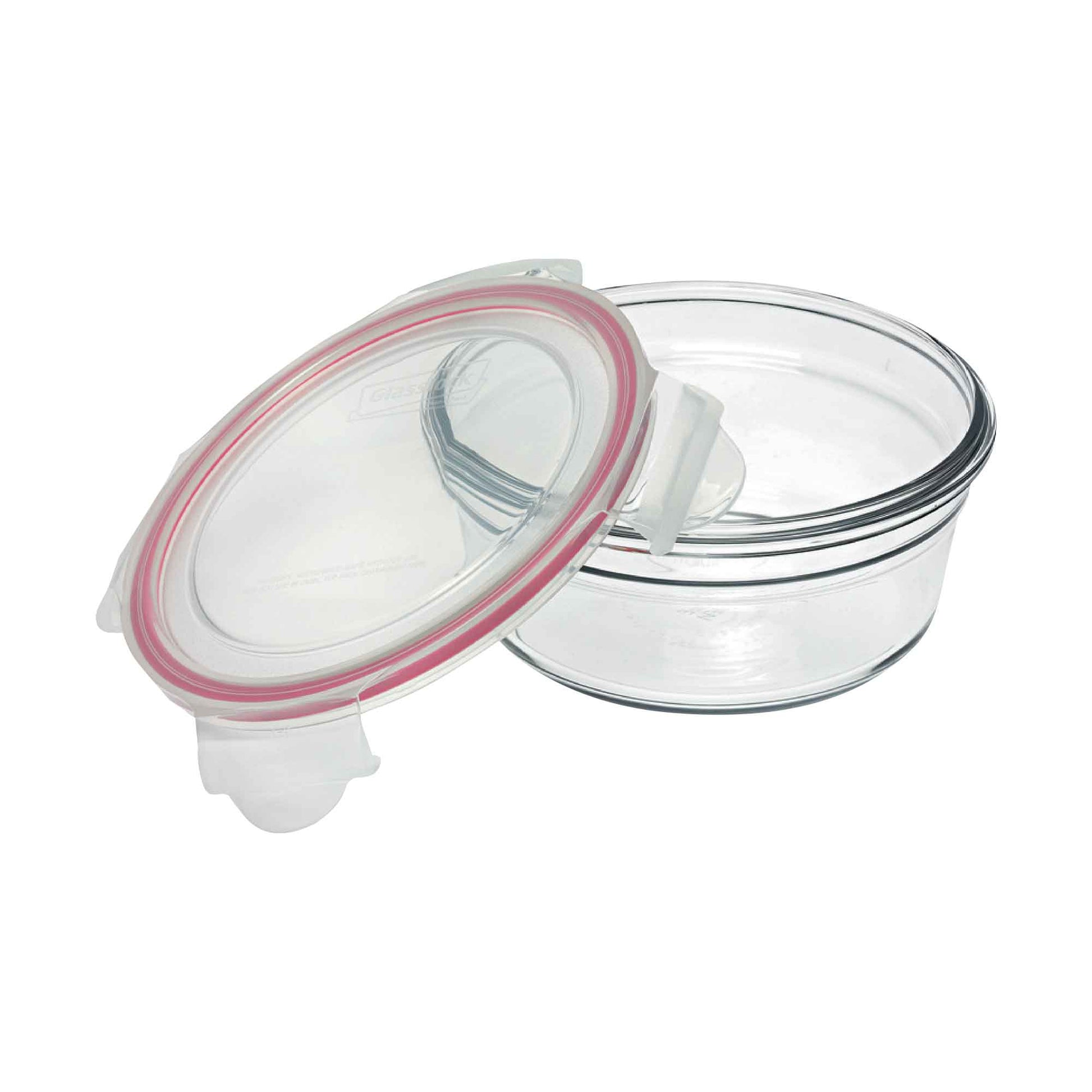 Round glass container with clear hinged lid, pink seal and locking clip