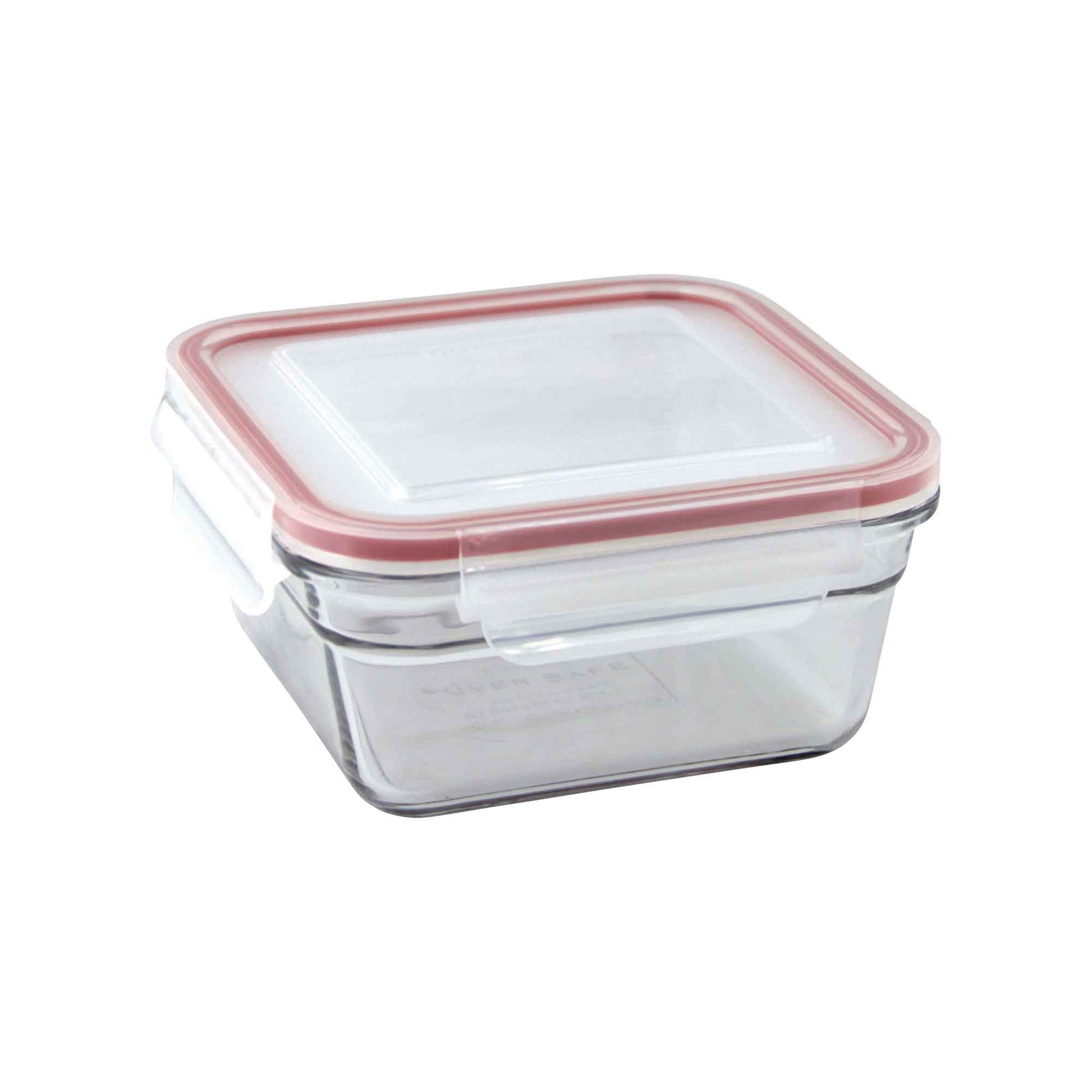 Square clear glass container with transparent lid, pink rim, and locking latches
