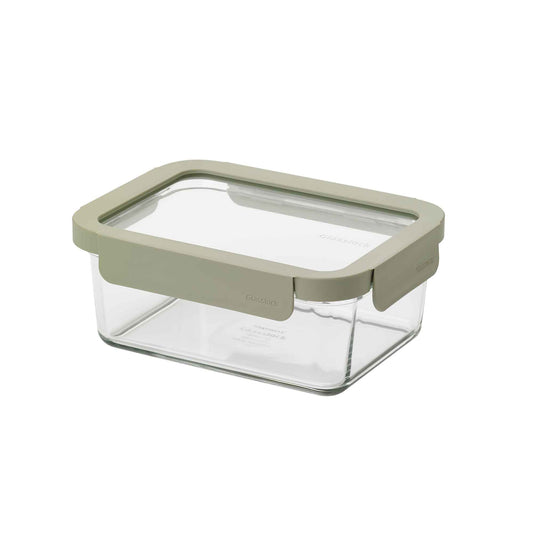 Rectangular glass food storage container with olive-green lid and clear sides
