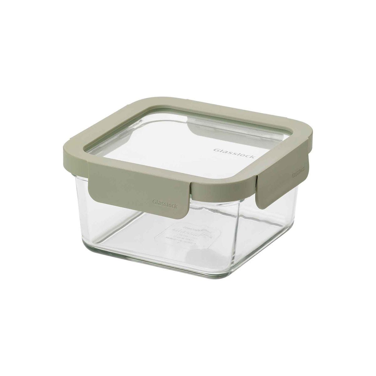 Square glass food container with olive-green lid and locking tabs