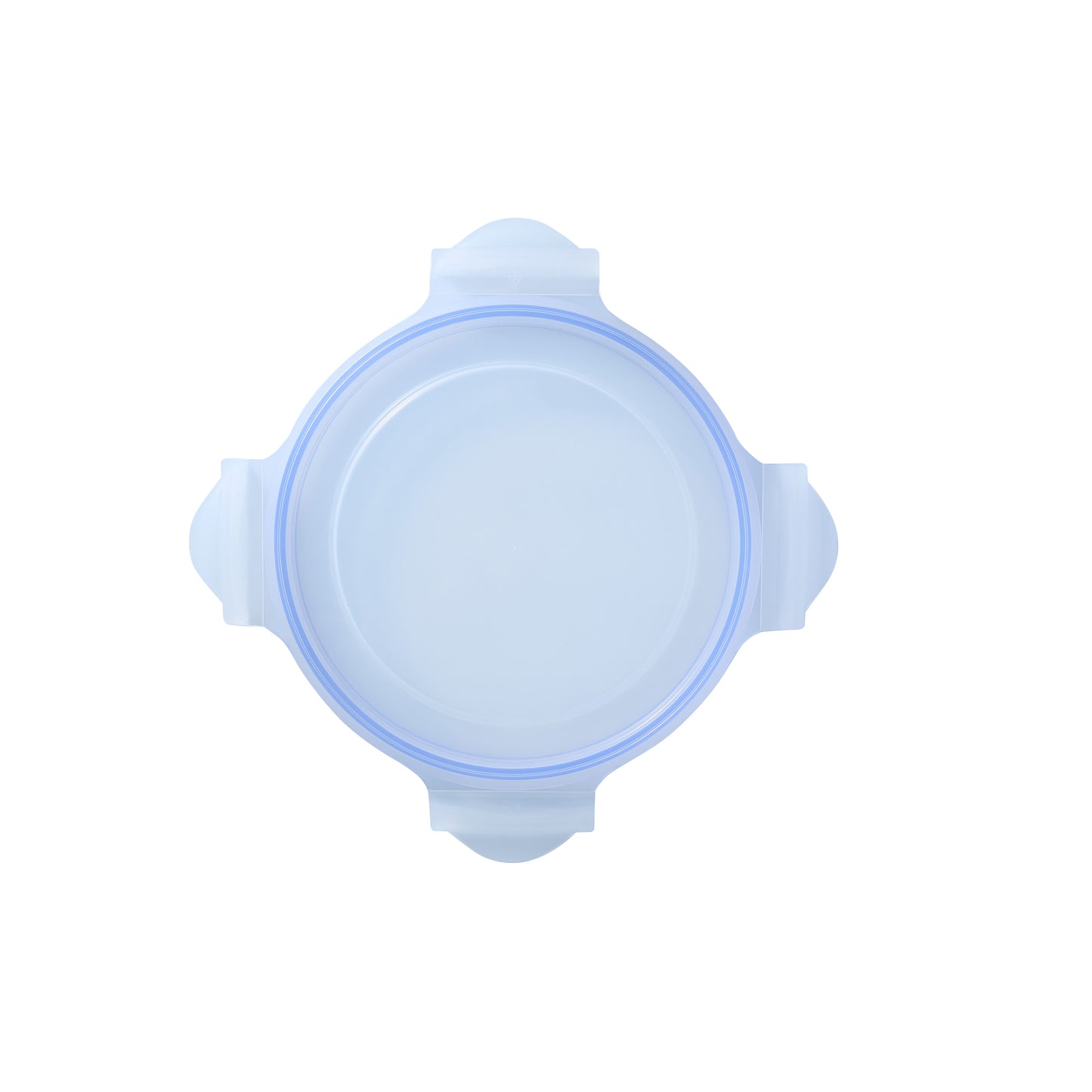 Glasslock round replacement lid with blue silicone rim and four grip tabs