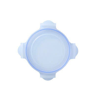 Glasslock round replacement lid with blue silicone rim and four grip tabs