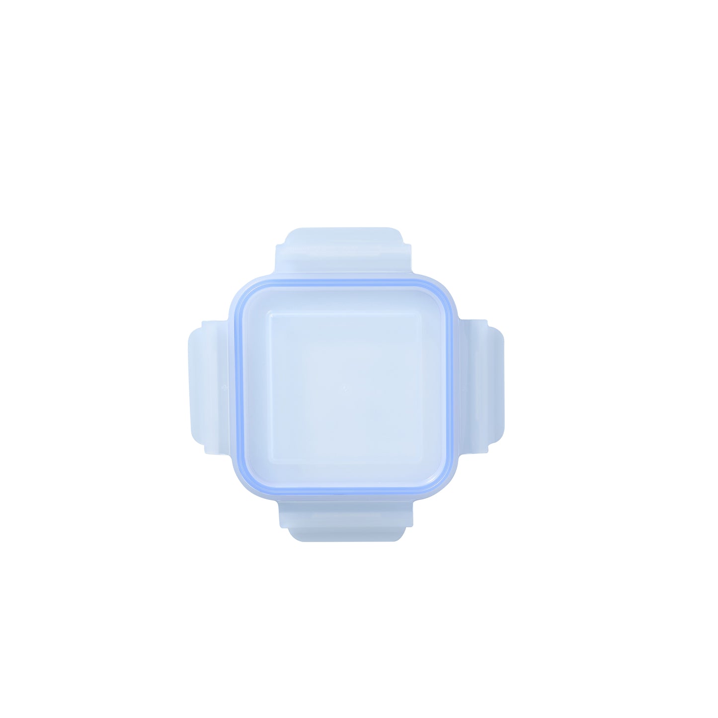 Square translucent lid with raised latch tabs and light blue border