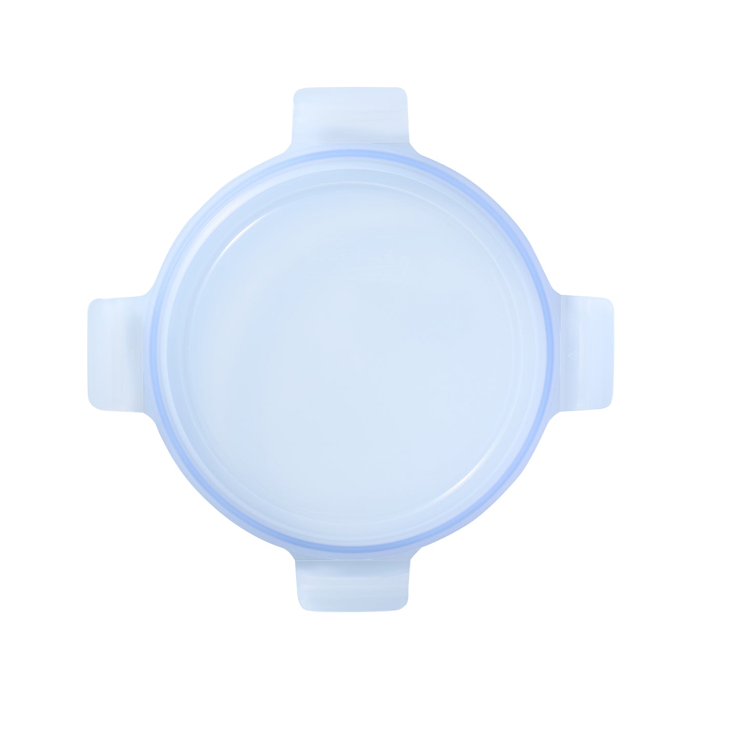 Light blue translucent lid with center seal and four handle tabs for mixing bowl