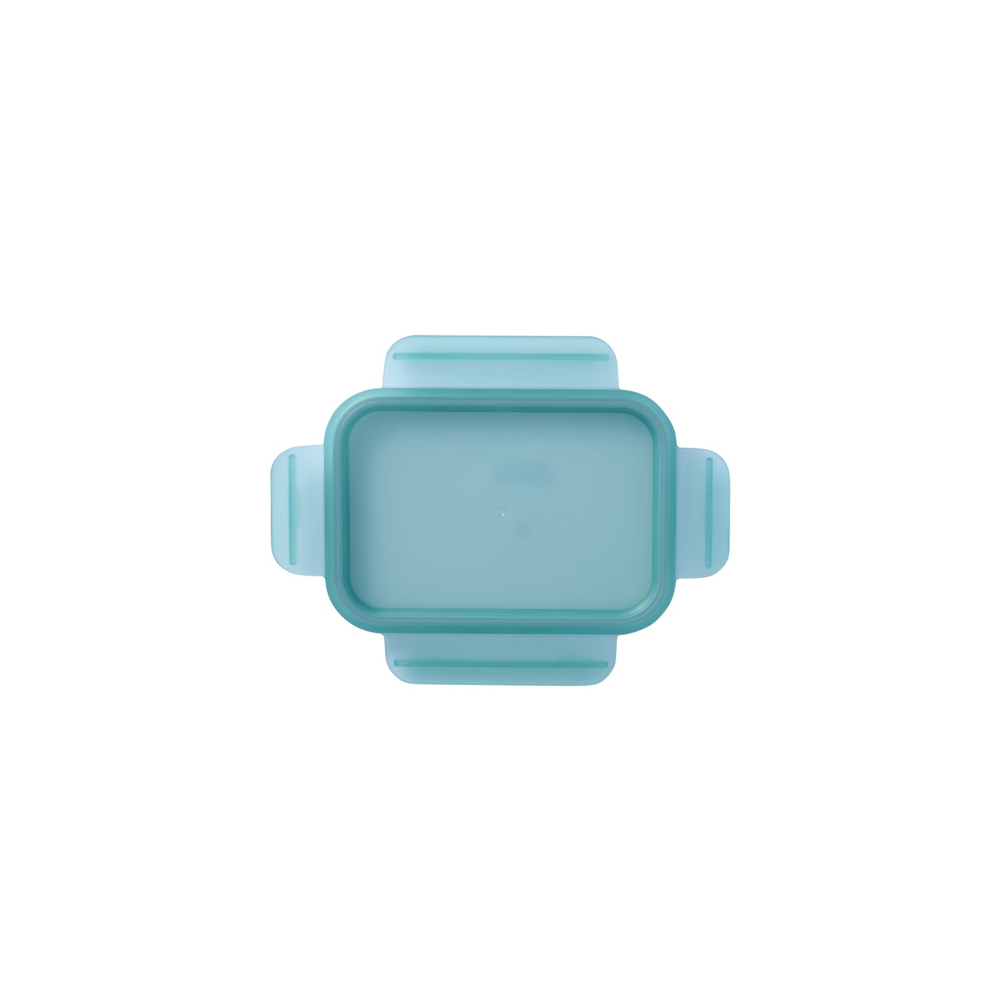Rectangular replacement food container lid with teal-green rim and corner latches