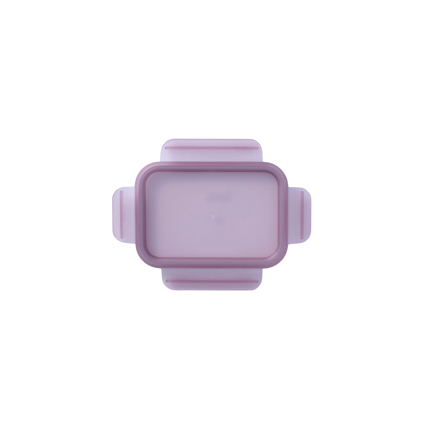 Rectangular replacement food container lid with pink-violet rim and side handle latches