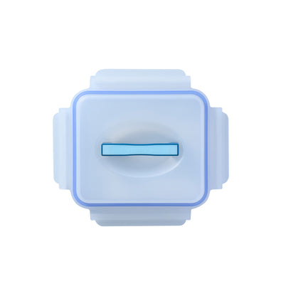Blue rectangular food replacement lid with sliding vent latch, snap-on sides