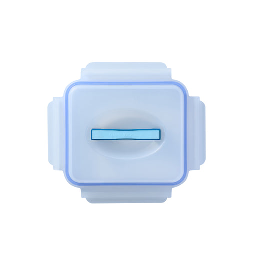 Blue rectangular food replacement lid with sliding vent latch, snap-on sides