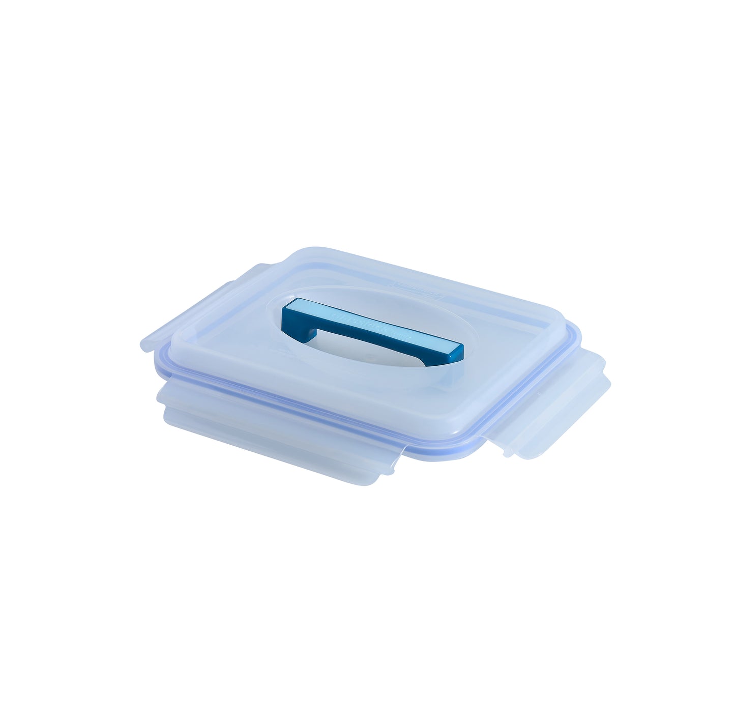 Blue rectangular food lid with dark sliding handle latch and snap-on edges