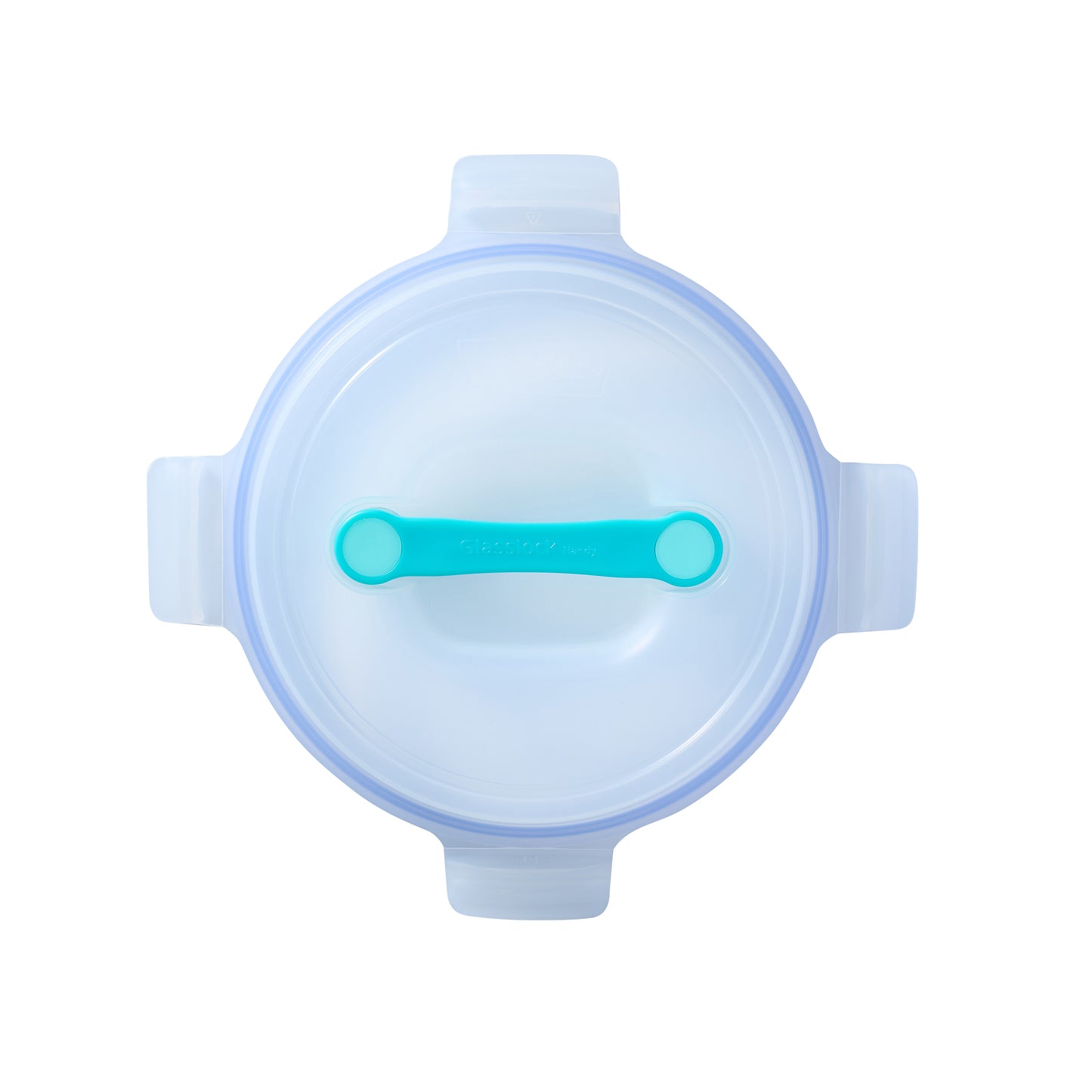 Blue round food lid with teal latch bar and vented top handle