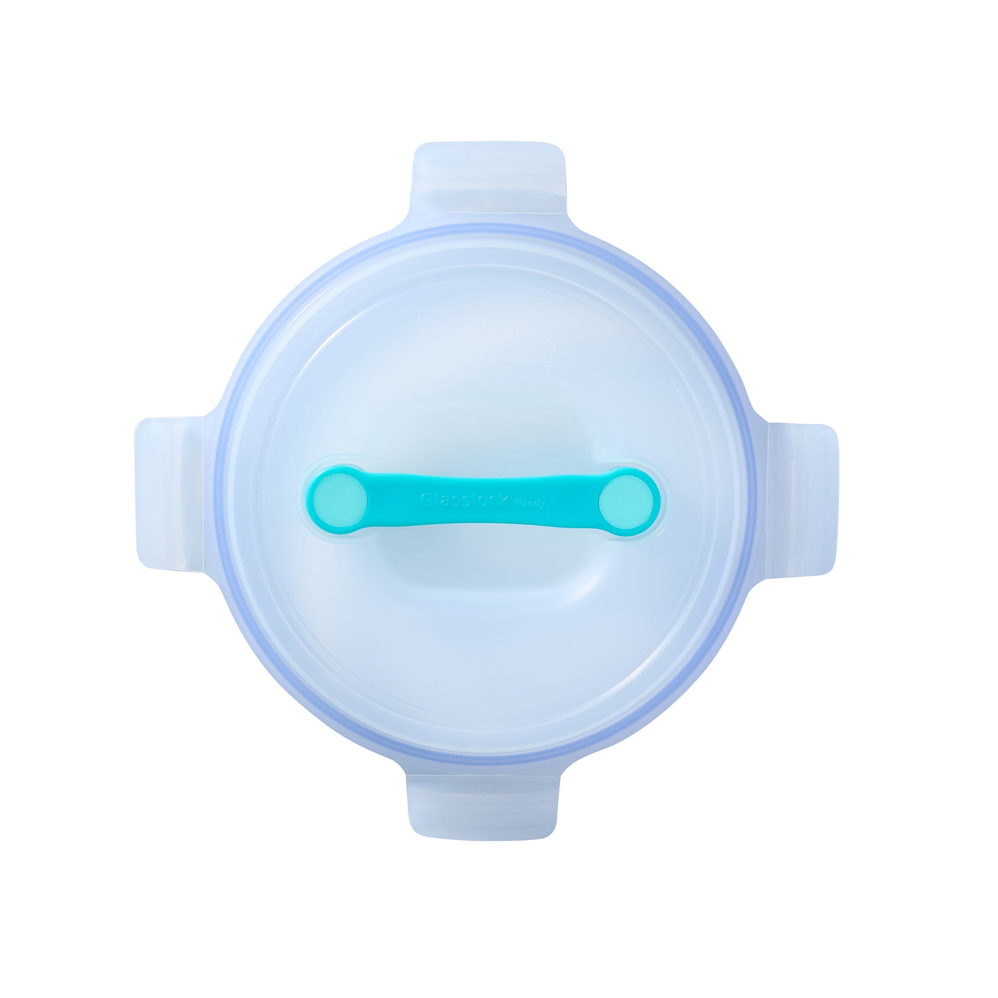 Blue round food lid with teal latch bar and vented top handle