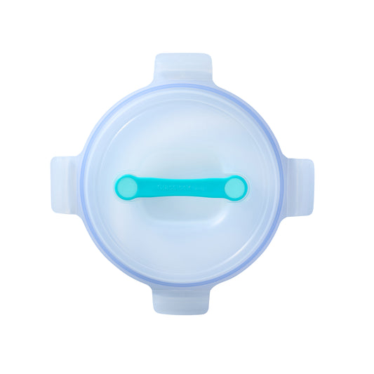 Blue round food lid with teal latch bar and vented top handle