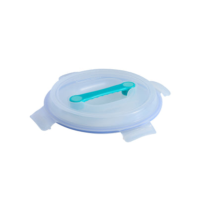 Blue round food lid with teal locking bar, shown at side angle