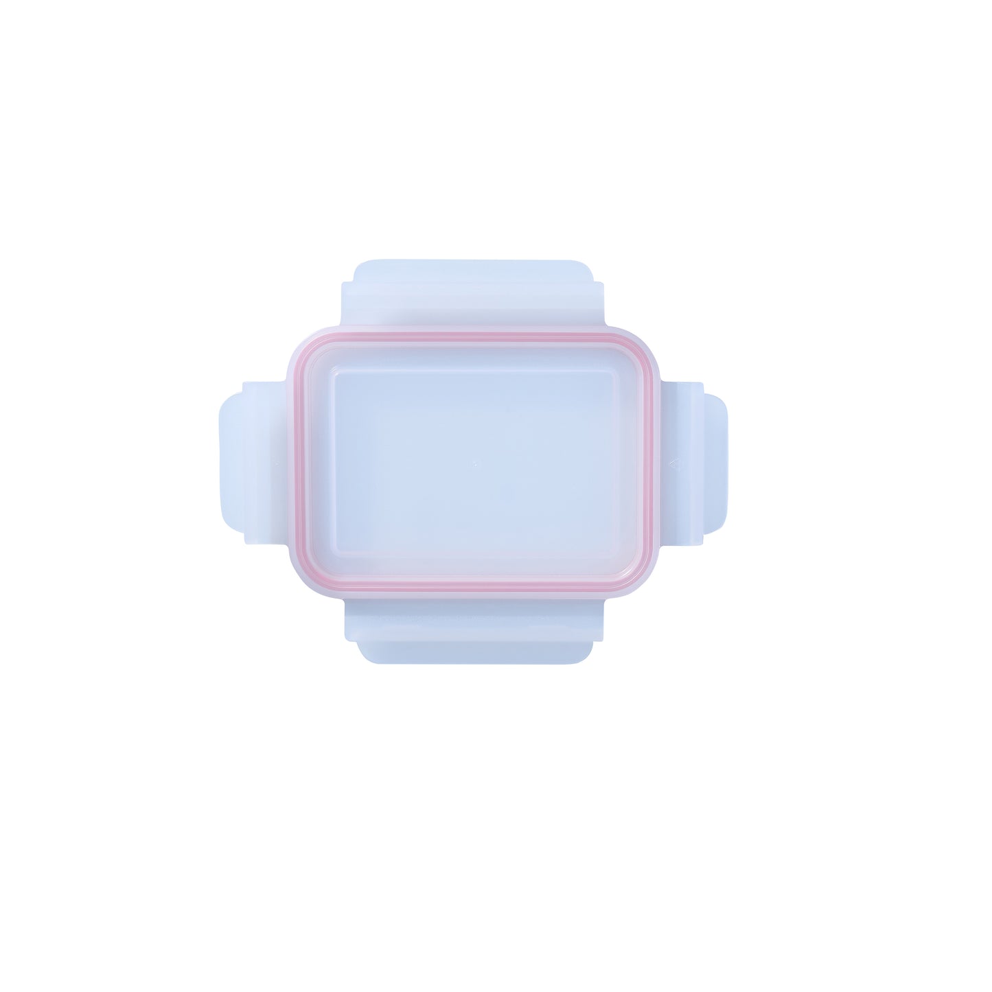 Rectangular lid with translucent window, red-pink gasket rim, and raised latch tabs