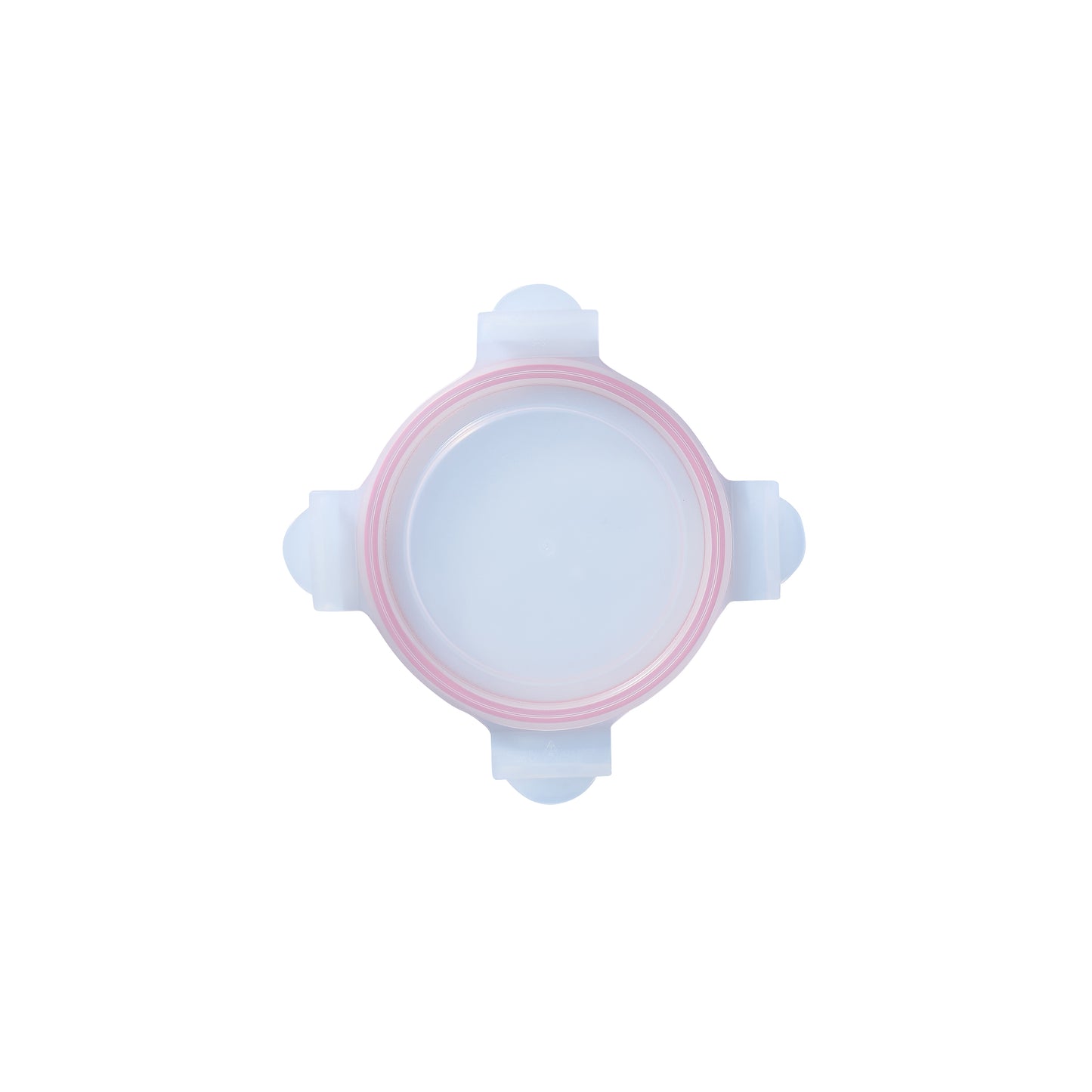 Round replacement lid with pink-red rim, clear center, four corner tabs