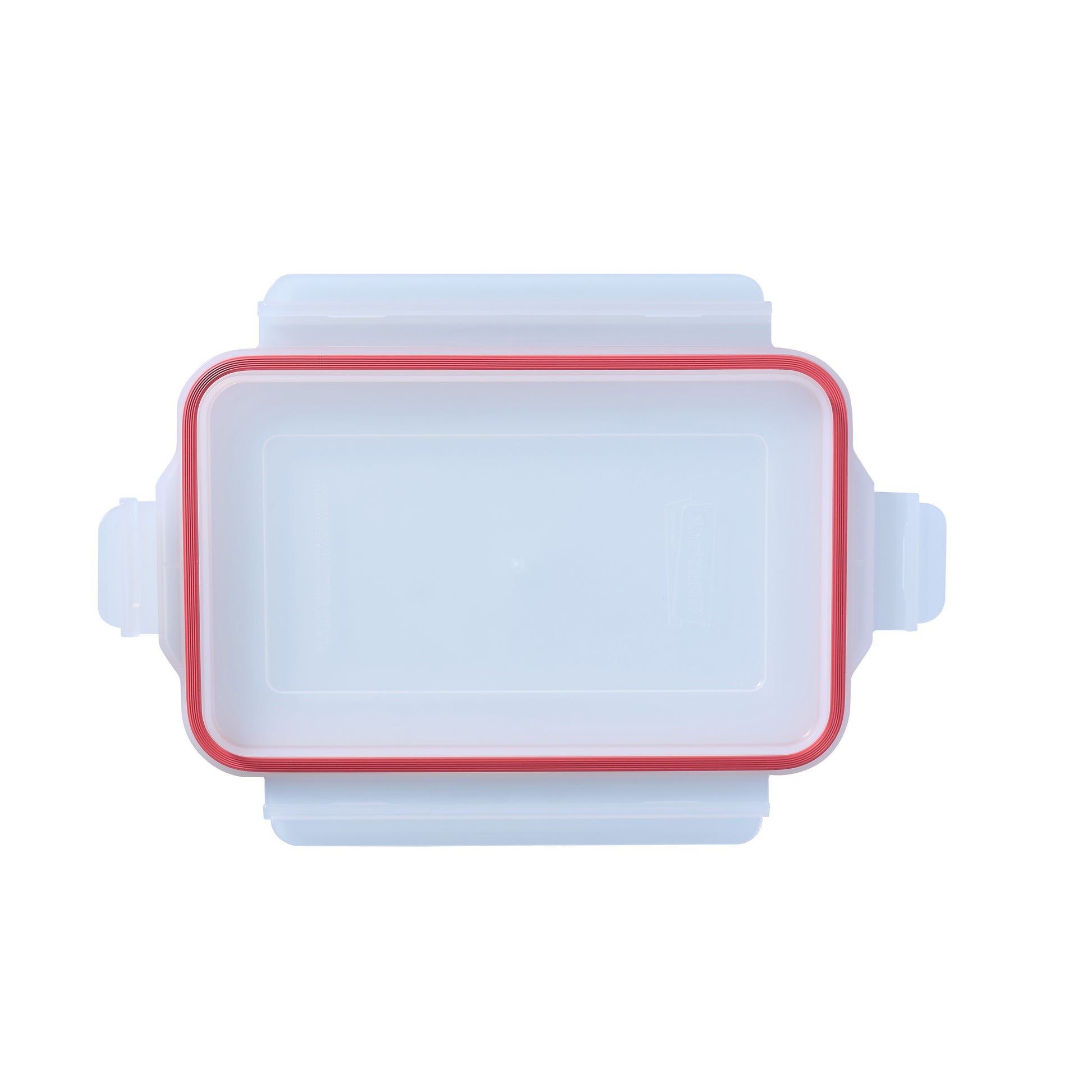 Red-framed rectangle glass lid with clear center panel and side handles