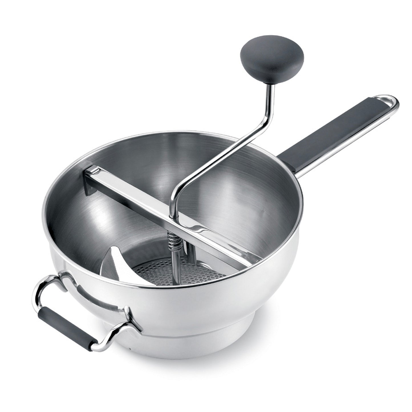 Stainless steel food mill bowl with adjustable crank handle and press grid