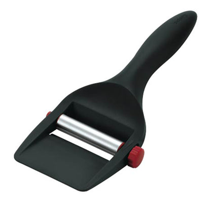 Black adjustable cheese slicer with two roller blades and red control knob