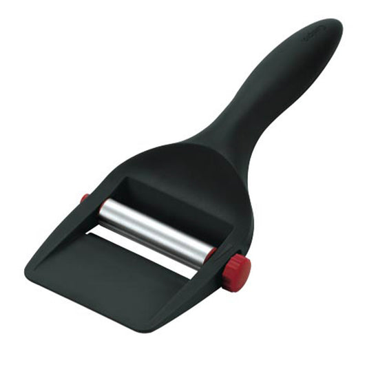 Black adjustable cheese slicer with two roller blades and red control knob