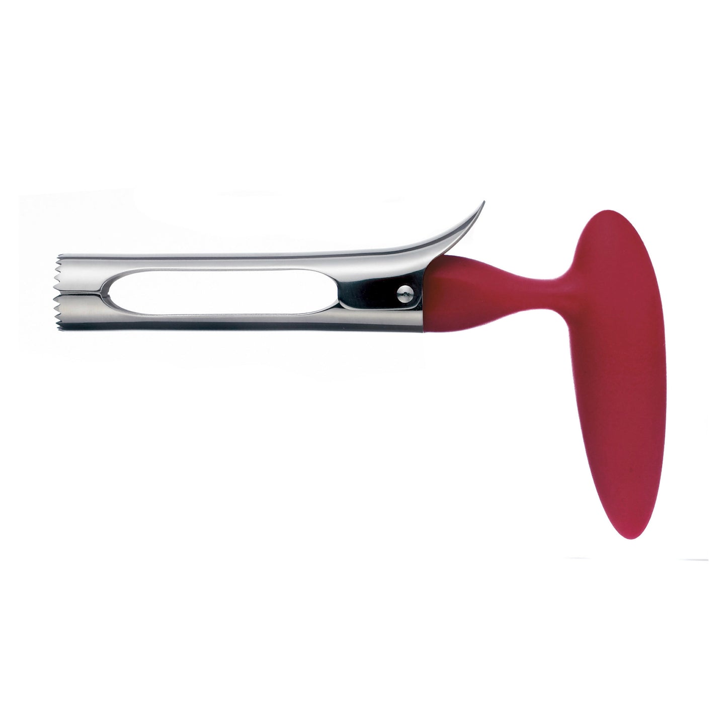 Stainless apple corer with oval opening and red ergonomic handle