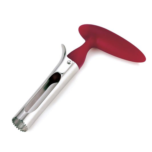 Red-handled stainless apple corer with curved blade and toothed end